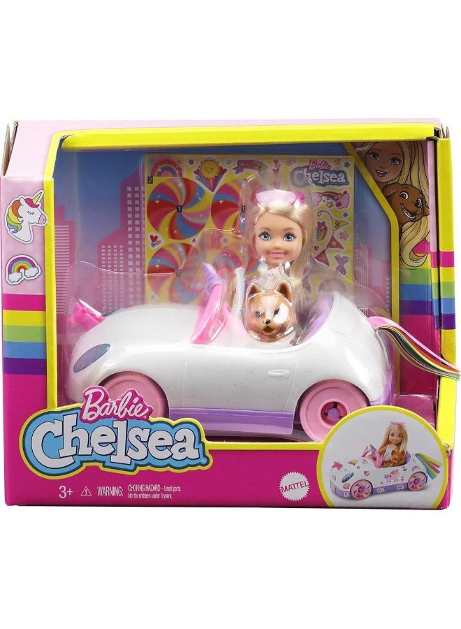 Barbie Chelsea Doll  Toy Car with Unicorn Theme Blonde Small Doll in Removable Skirt Pet Puppy Sticker Sheet  Accessories