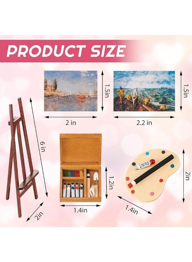 Skylety 3 Pieces 112 Miniature Dollhouse Painting Tool Accessories Set Wooden Easel Oil Painting Furniture Decoration Miniature Palette Watercolor Box Miniature Dollhouse Furniture Painting for Dolls