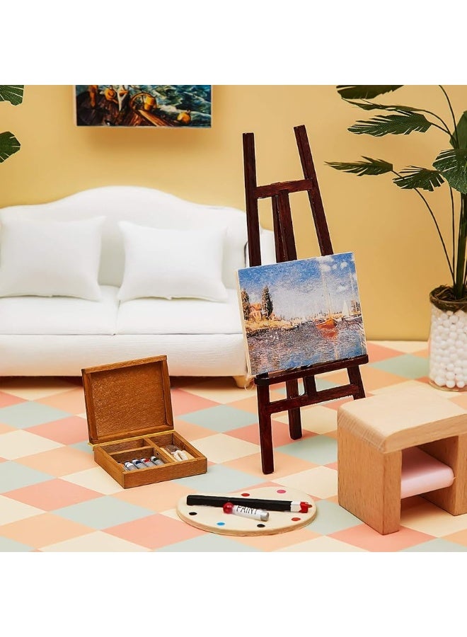 Skylety 3 Pieces 112 Miniature Dollhouse Painting Tool Accessories Set Wooden Easel Oil Painting Furniture Decoration Miniature Palette Watercolor Box Miniature Dollhouse Furniture Painting for Dolls