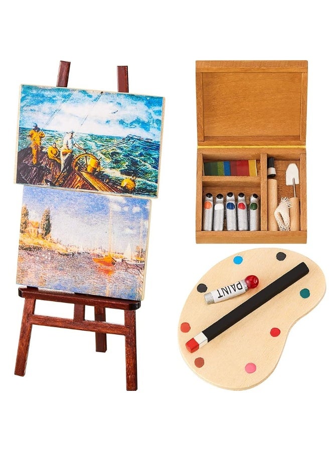 Skylety 3 Pieces 112 Miniature Dollhouse Painting Tool Accessories Set Wooden Easel Oil Painting Furniture Decoration Miniature Palette Watercolor Box Miniature Dollhouse Furniture Painting for Dolls