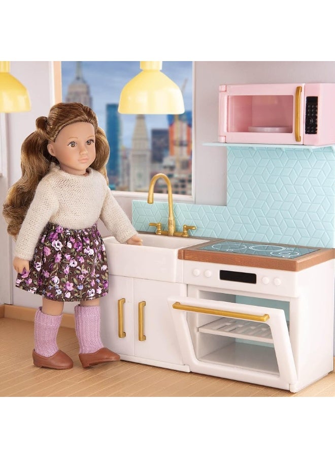 Lori Dolls  Backsplash Urban Kitchen  Kitchen Set for Mini Dolls  Dollhouse Furniture  Accessories for 6inch Dolls  Oven Stove Sink Microwave  Playset for Kids  3 Years  LO37095Z