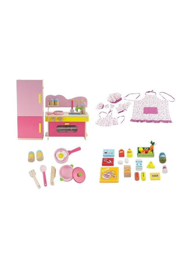 Emily Rose 18-inch Doll Wooden Kitchen Oven/Fridge Set with Pretend Food & Accessories Bundled with a Child/Doll Matching Apron/Hat/Mitts Baking Cooking Set