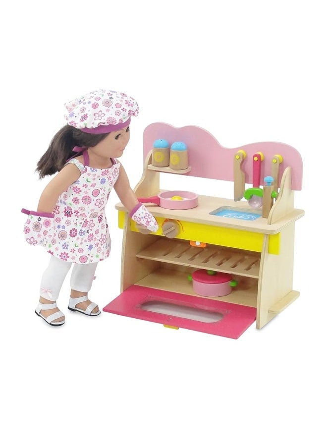 Emily Rose 18-inch Doll Wooden Kitchen Oven/Fridge Set with Pretend Food & Accessories Bundled with a Child/Doll Matching Apron/Hat/Mitts Baking Cooking Set