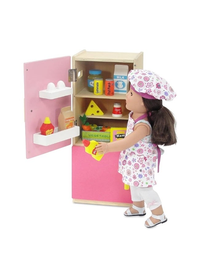 Emily Rose 18-inch Doll Wooden Kitchen Oven/Fridge Set with Pretend Food & Accessories Bundled with a Child/Doll Matching Apron/Hat/Mitts Baking Cooking Set