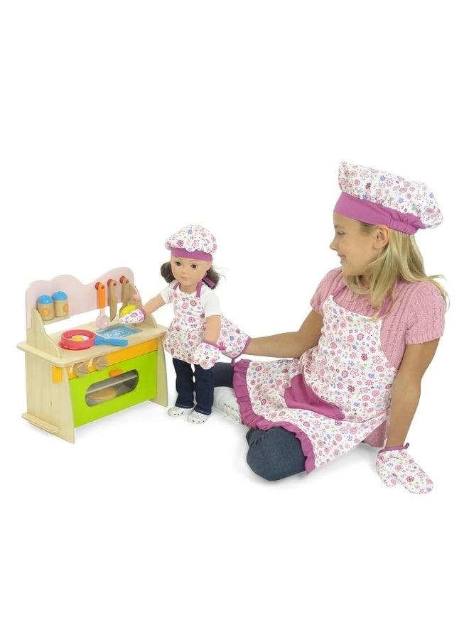 Emily Rose 18-inch Doll Wooden Kitchen Oven/Fridge Set with Pretend Food & Accessories Bundled with a Child/Doll Matching Apron/Hat/Mitts Baking Cooking Set