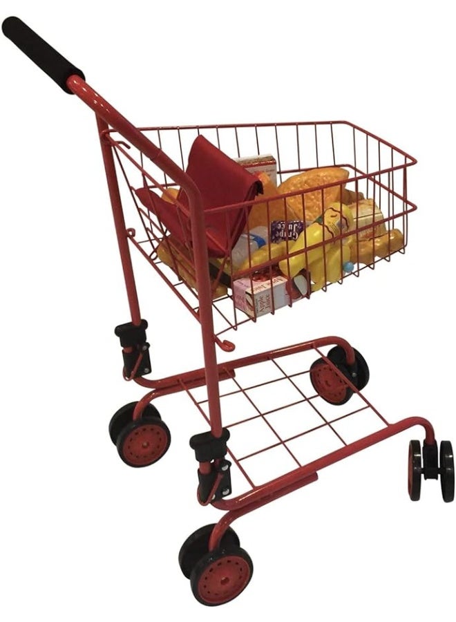 The New York Doll Collection Toy Shopping Cart for Kids and Toddler - Includes Food - Folds for Easy Storage - with Sturdy Metal Frame (Red)