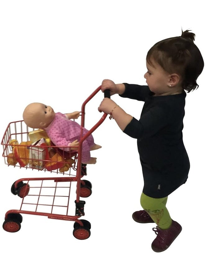 The New York Doll Collection Toy Shopping Cart for Kids and Toddler - Includes Food - Folds for Easy Storage - with Sturdy Metal Frame (Red)