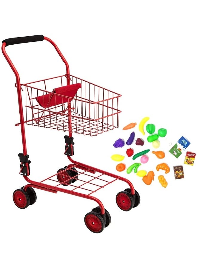 The New York Doll Collection Toy Shopping Cart for Kids and Toddler - Includes Food - Folds for Easy Storage - with Sturdy Metal Frame (Red)