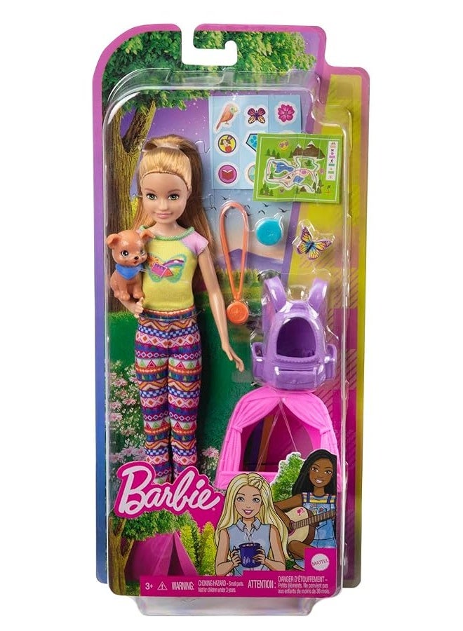 Barbie It Takes Two Stacie Doll  Accessories Camping Playset with Doll Pet Tent Puppy Sticker Sheet  Accessories