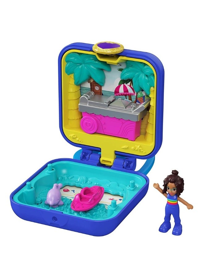 Polly Pocket Shani Tropical Beach Compact with Mobile Ice Cream Cart, Surfboard, Dolphin Figure, Photo Customization, Micro Shani Doll & Sticker Sheet; for Ages 4 Years Old & Up