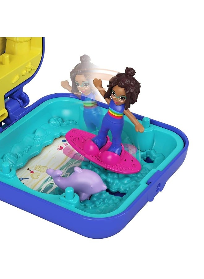 Polly Pocket Shani Tropical Beach Compact with Mobile Ice Cream Cart, Surfboard, Dolphin Figure, Photo Customization, Micro Shani Doll & Sticker Sheet; for Ages 4 Years Old & Up