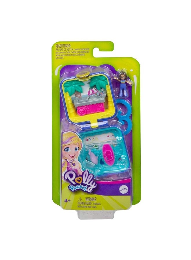 Polly Pocket Shani Tropical Beach Compact with Mobile Ice Cream Cart, Surfboard, Dolphin Figure, Photo Customization, Micro Shani Doll & Sticker Sheet; for Ages 4 Years Old & Up