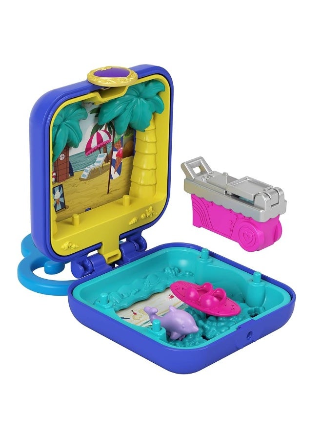 Polly Pocket Shani Tropical Beach Compact with Mobile Ice Cream Cart, Surfboard, Dolphin Figure, Photo Customization, Micro Shani Doll & Sticker Sheet; for Ages 4 Years Old & Up