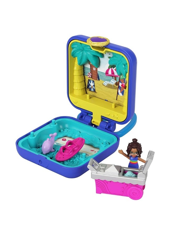 Polly Pocket Shani Tropical Beach Compact with Mobile Ice Cream Cart, Surfboard, Dolphin Figure, Photo Customization, Micro Shani Doll & Sticker Sheet; for Ages 4 Years Old & Up