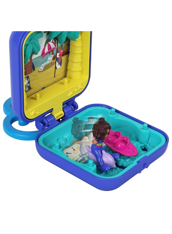 Polly Pocket Shani Tropical Beach Compact with Mobile Ice Cream Cart, Surfboard, Dolphin Figure, Photo Customization, Micro Shani Doll & Sticker Sheet; for Ages 4 Years Old & Up