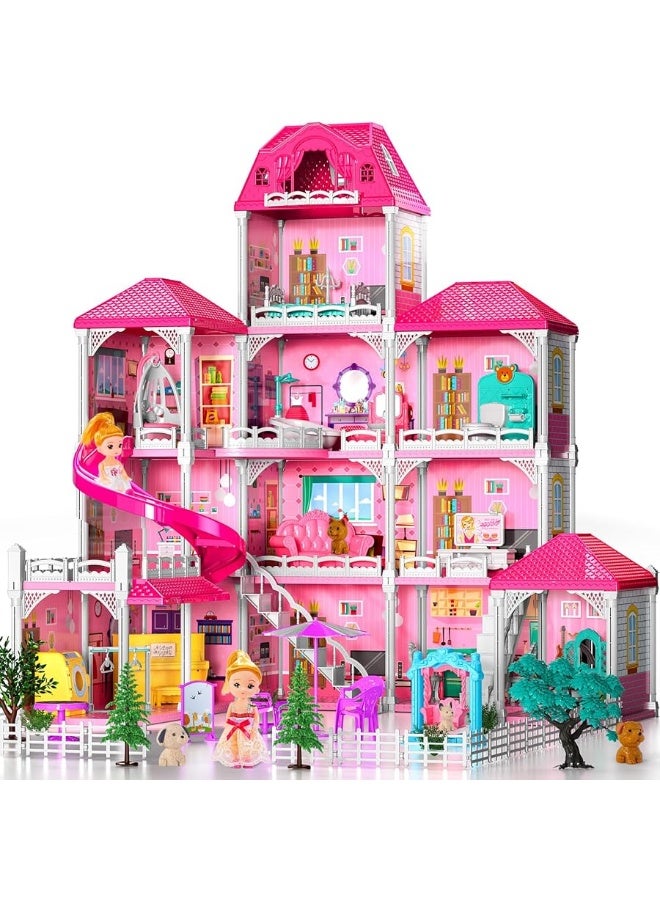 TEMI Doll House Girls Toys - 4-Story 12 Rooms Playhouse with 2 Dolls Toy Figures, Fully Furnished Fashion Dollhouse, Pretend Playhouse with Accessories, Gift Toy for Kids Ages 3 4 5 6 7 8+