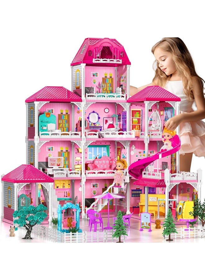 TEMI Doll House Girls Toys - 4-Story 12 Rooms Playhouse with 2 Dolls Toy Figures, Fully Furnished Fashion Dollhouse, Pretend Playhouse with Accessories, Gift Toy for Kids Ages 3 4 5 6 7 8+