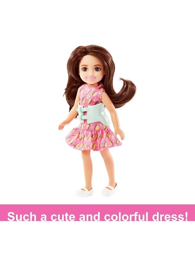 Barbie Chelsea Doll Small Doll with Brace for Scoliosis Spine Curvature Brunette Wearing Pink Lightning Bolt Dress