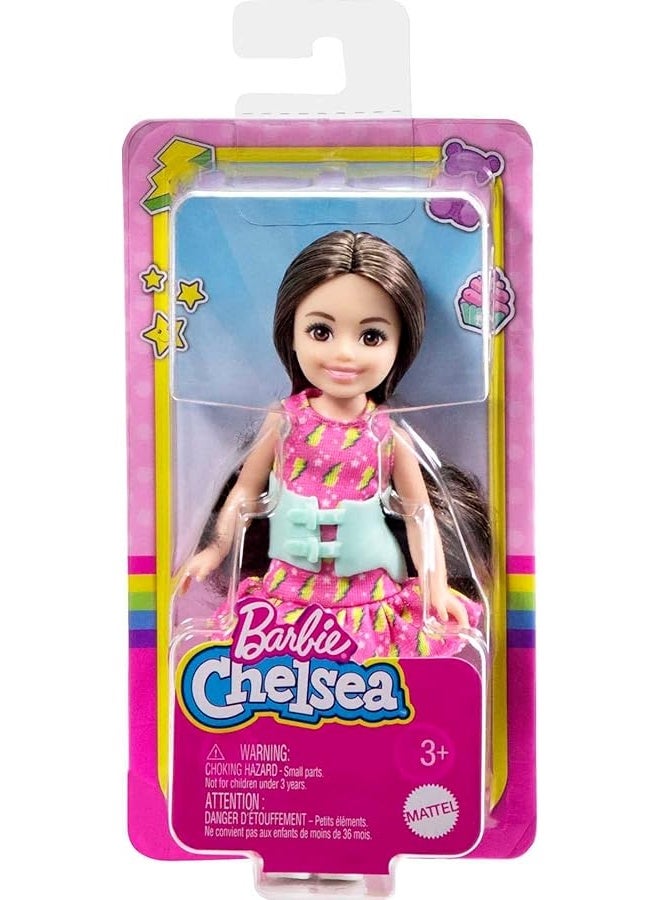 Barbie Chelsea Doll Small Doll with Brace for Scoliosis Spine Curvature Brunette Wearing Pink Lightning Bolt Dress