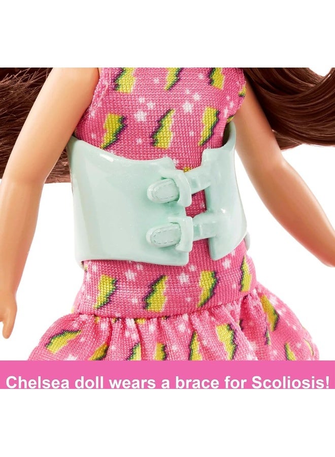 Barbie Chelsea Doll Small Doll with Brace for Scoliosis Spine Curvature Brunette Wearing Pink Lightning Bolt Dress