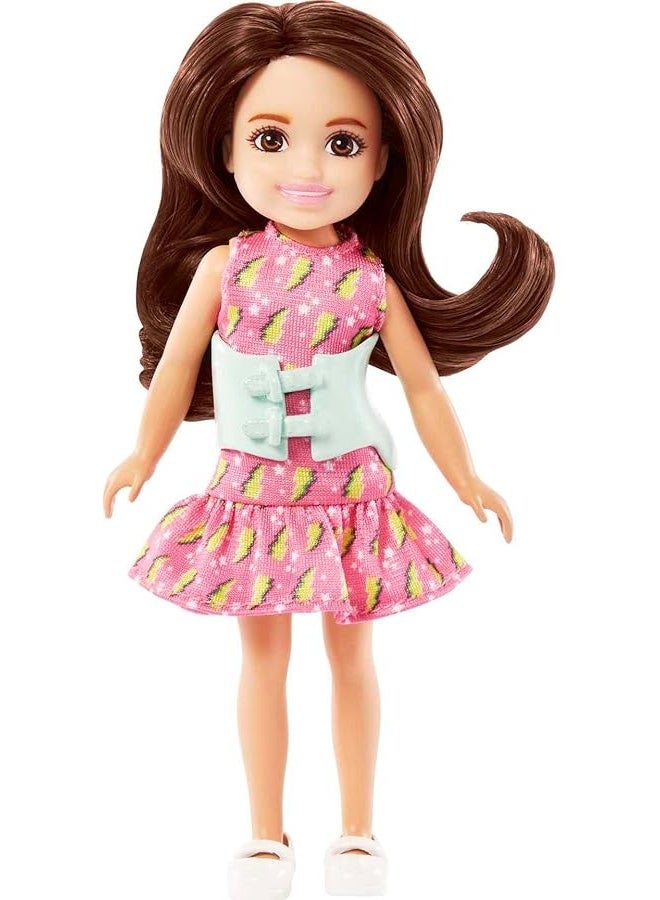 Barbie Chelsea Doll Small Doll with Brace for Scoliosis Spine Curvature Brunette Wearing Pink Lightning Bolt Dress