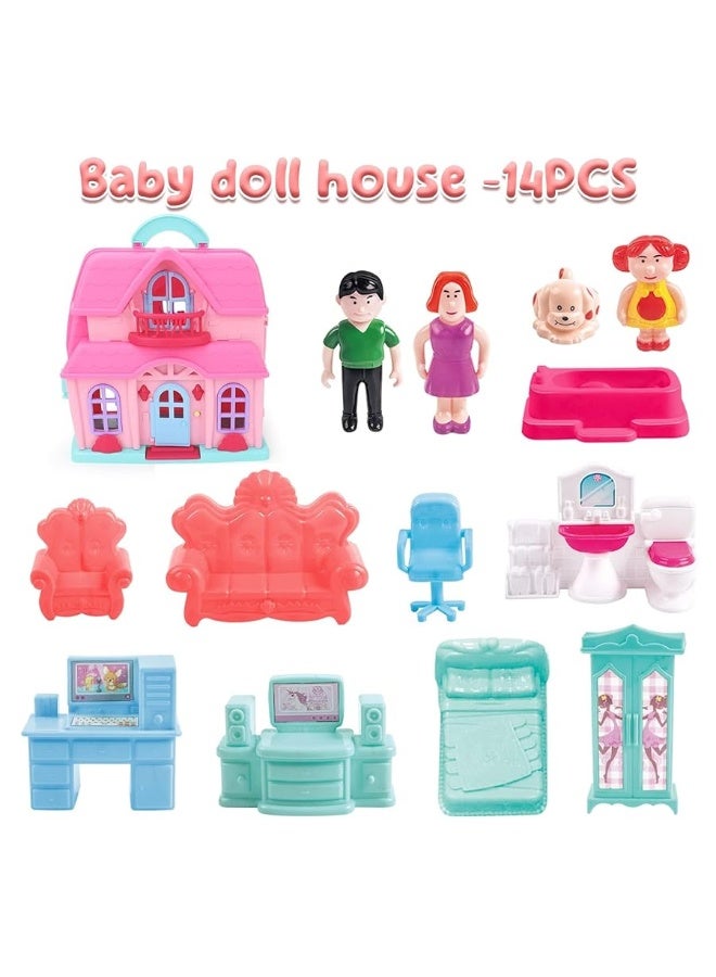 deAO Dollhouse Toys for Girls with Light and Music, Portable Dollhouse Playset with Carry Handle,Girls Doll House with 2 Stories and Furniture Toy Gift for Kids Girls & Boys