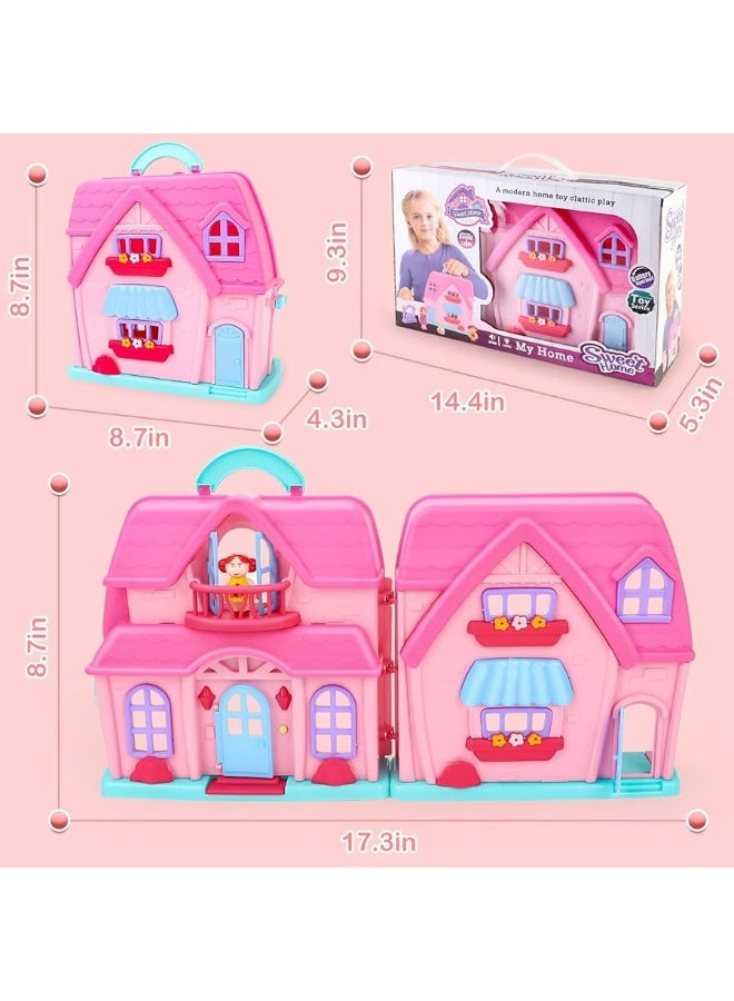 deAO Dollhouse Toys for Girls with Light and Music, Portable Dollhouse Playset with Carry Handle,Girls Doll House with 2 Stories and Furniture Toy Gift for Kids Girls & Boys