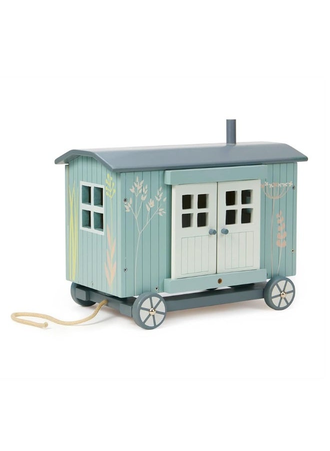 Tender Leaf Toys - Secret Meadow Shepherdâ€™s Hut - Portable Furnished Wooden Shepherdâ€™s Hut on Wheels with 11 Pcs Accessories and 3 Mice Dolls - Open-Ended Play and Story Tellings - Age 3+