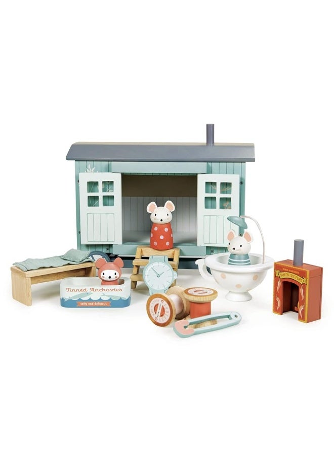 Tender Leaf Toys - Secret Meadow Shepherdâ€™s Hut - Portable Furnished Wooden Shepherdâ€™s Hut on Wheels with 11 Pcs Accessories and 3 Mice Dolls - Open-Ended Play and Story Tellings - Age 3+