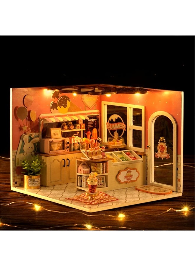 Flever Dollhouse Miniature DIY House Kit Creative Room with Furniture for Romantic Valentine's Gift (Happiness ice Cream Shop)