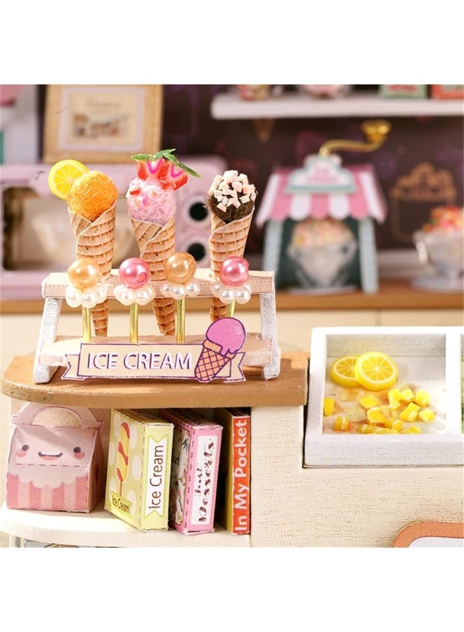 Flever Dollhouse Miniature DIY House Kit Creative Room with Furniture for Romantic Valentine's Gift (Happiness ice Cream Shop)