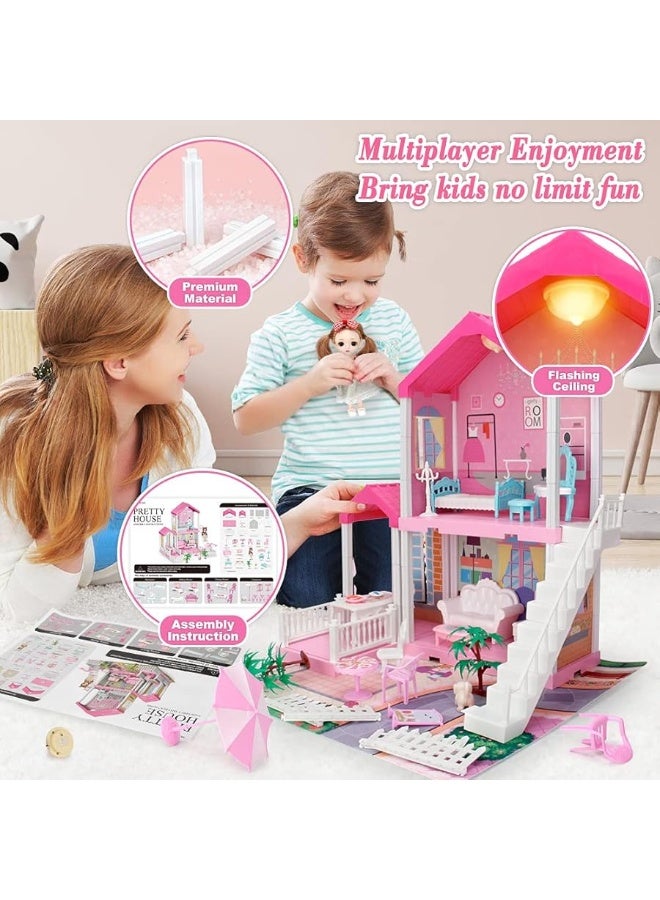 Mini Tudou Dollhouse for Girls, Doll House with Lights, Play Mat and Dolls, DIY Building Pretend Play House with Accessories Furniture and Household Items,Playhouse for Girls 3-12 (3 Rooms)