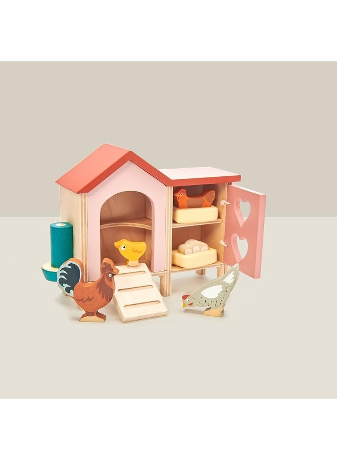 Tender Leaf Toys - Chicken Coop - 9 Pcs Miniature Henhouse Farm Animal Toys, Dollhouse Accessories Pretend Play Set for Kids Imaginative Play - Age 3+