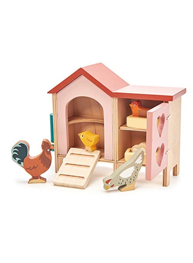 Tender Leaf Toys - Chicken Coop - 9 Pcs Miniature Henhouse Farm Animal Toys, Dollhouse Accessories Pretend Play Set for Kids Imaginative Play - Age 3+