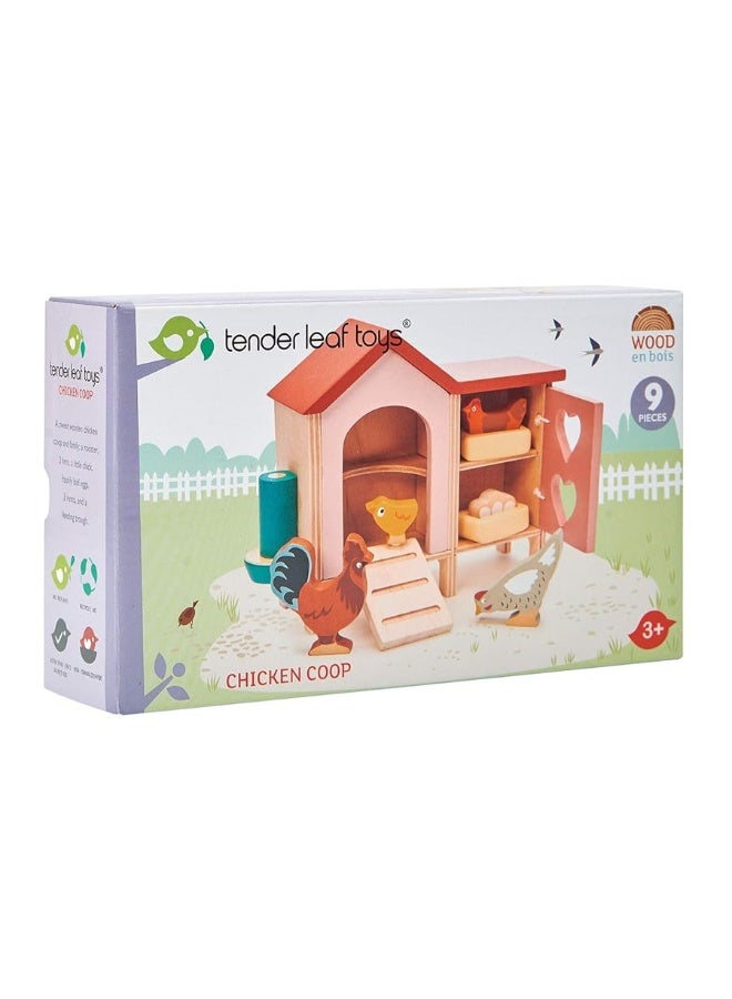 Tender Leaf Toys - Chicken Coop - 9 Pcs Miniature Henhouse Farm Animal Toys, Dollhouse Accessories Pretend Play Set for Kids Imaginative Play - Age 3+