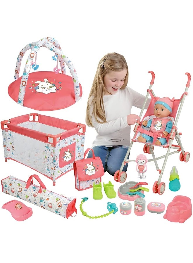 Liberty Imports Kids 18-Piece Newborn Talking Baby Doll Stroller Nursery Role Play Set w/ Playpen, Play Mat, Potty Training, Accessories (14