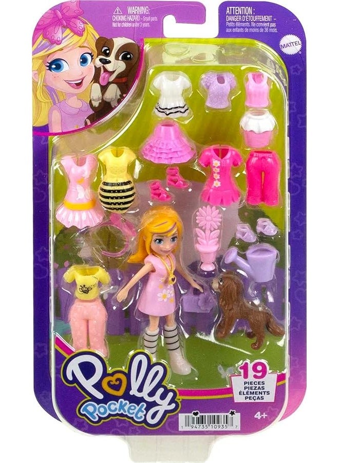 Polly Pocket Travel Toy with 3-inch Doll & 18 Accessories, Puppy & Flower-Themed Fashion Pack