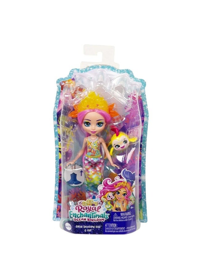 Enchantimals Radia Rainbow Fish Doll (6-in) & Flo Animal Friend Figure from Ocean Kingdom Collection, Small Doll with Removable Skirt and Accessories, Great Gift for 3 to 8 Year Old Kids