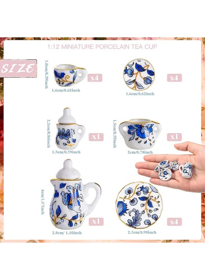 Geiserailie 2 Set 1:12 Dollhouse Miniature Porcelain Tea Cup 30 Pieces Mini Flowers Pattern with Golden Trim Teapot Cup Plate Dollhouse Kitchen Accessories (Charming Style)