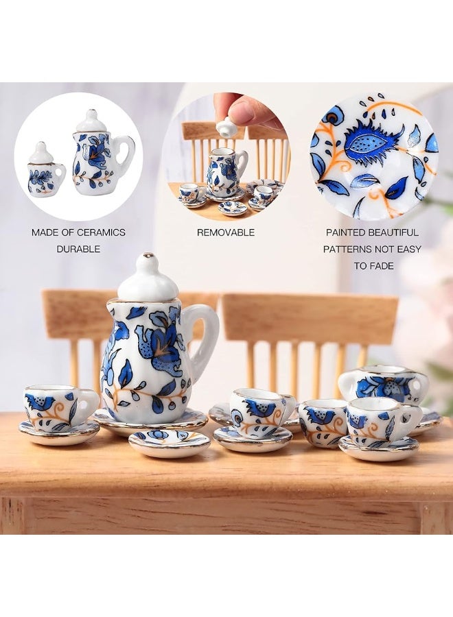 Geiserailie 2 Set 1:12 Dollhouse Miniature Porcelain Tea Cup 30 Pieces Mini Flowers Pattern with Golden Trim Teapot Cup Plate Dollhouse Kitchen Accessories (Charming Style)