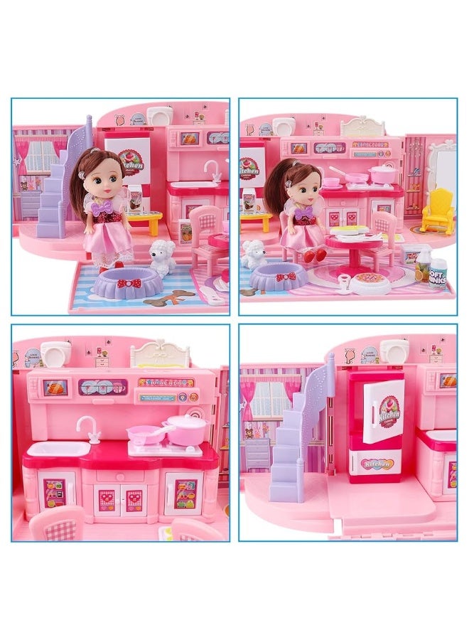 deAO Doll Houses Portable Backpack for Girls with Doll Toy House with Light and Music Baby Dollhouse Furniture for 3 to 8 Years Olds Toddler Kids