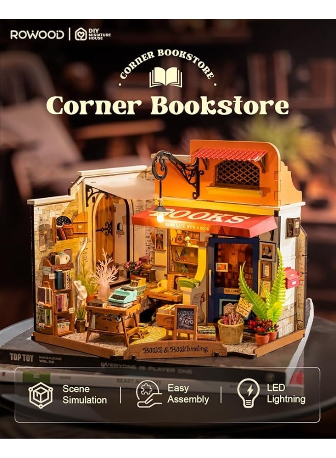 Rowood Miniature House Kit,Mini House Building Kit with LED,DIY Dollhouse Craft Kits for Adults,Birthday for Women Kids Ages 14+(Corner Bookstore)