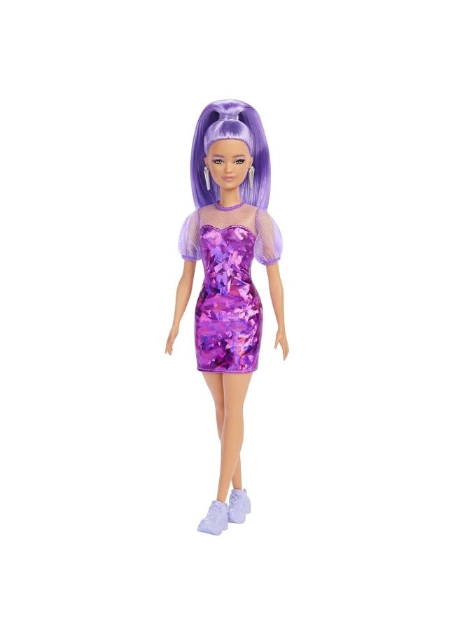 Barbie Fashionistas Doll Petite Long Purple Hair  Purple Metallic Dress Sheer Bodice  Sleeves Purple Sneakers Toy for Kids 3 to 8 Years Old