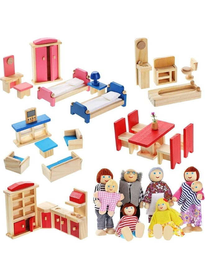 Wooden Dollhouse Furniture Doll House Furnishings with 8 Pieces Winning Doll Family Set, Dollhouse Accessories for Boys Girls Miniature Dollhouse, Family Figures Imaginative Play Toy (Classic Style)