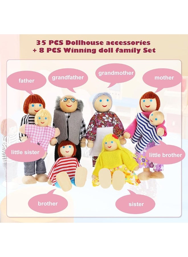 Wooden Dollhouse Furniture Doll House Furnishings with 8 Pieces Winning Doll Family Set, Dollhouse Accessories for Boys Girls Miniature Dollhouse, Family Figures Imaginative Play Toy (Classic Style)