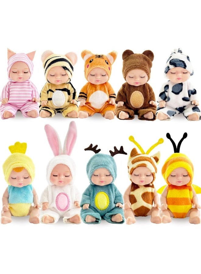 10 Pcs Mini Baby Dolls,4 inch Lifelike Realistic Baby Dolls with Animal Clothes,Cute Small Baby Doll for Girls Kids Easter Basket Valentine Birthday