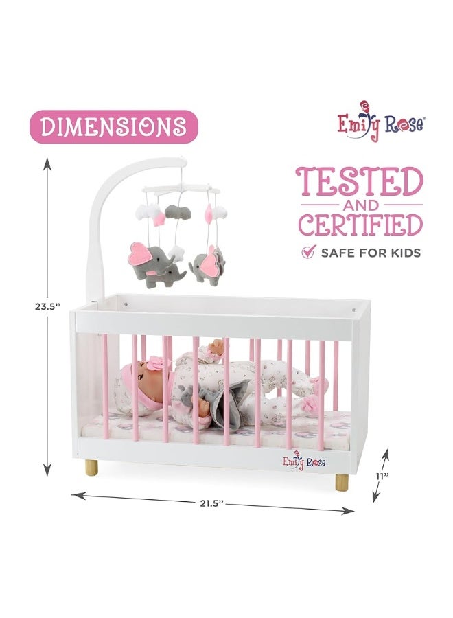 Emily Rose NEW Toy Wooden Baby Doll Bed Crib with Elephant Lovey and Matching Spinning Mobile  for Dolls up to 20 inches  WhitePinkGray