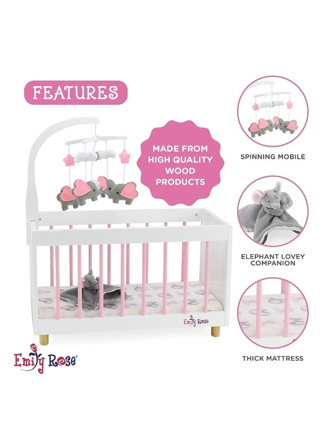 Emily Rose NEW Toy Wooden Baby Doll Bed Crib with Elephant Lovey and Matching Spinning Mobile  for Dolls up to 20 inches  WhitePinkGray