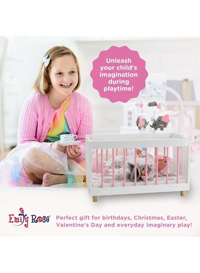 Emily Rose NEW Toy Wooden Baby Doll Bed Crib with Elephant Lovey and Matching Spinning Mobile  for Dolls up to 20 inches  WhitePinkGray