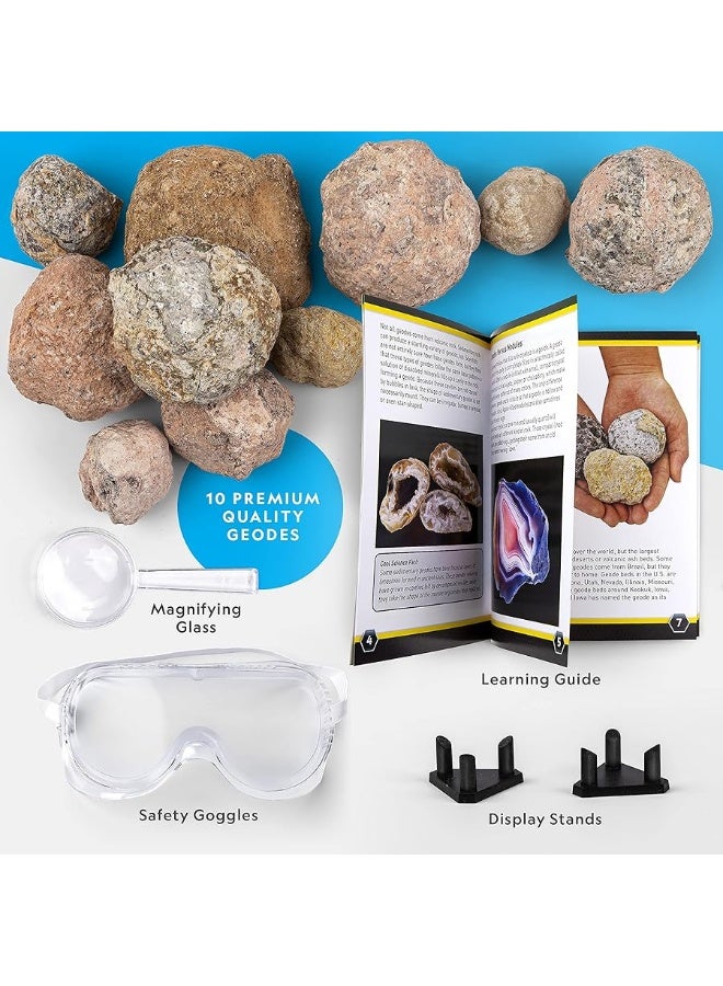 NATIONAL GEOGRAPHIC Break Open 10 Premium Geodes - Includes Goggles and Display Stands - Great STEM Science Kit, Geology Gift for Kids, Geodes Rocks Break Your Own, Toys for Boys and Girls
